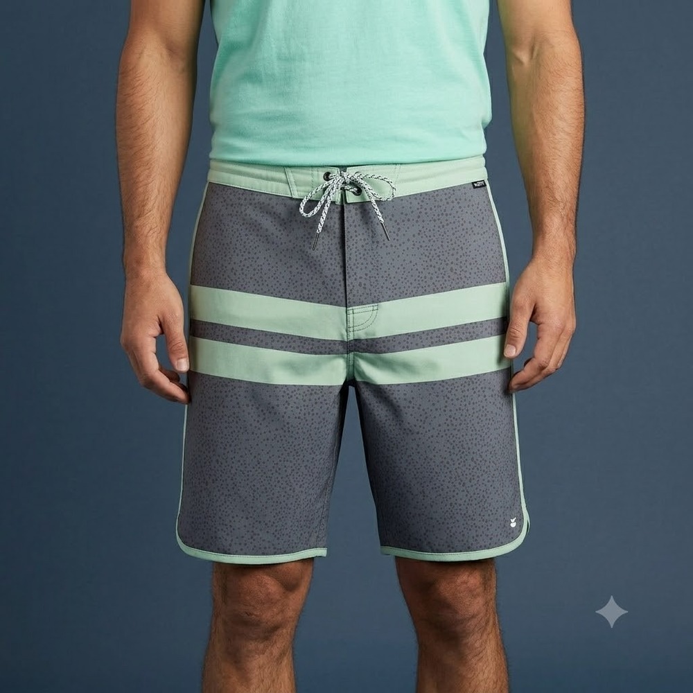 Jetty Boardshorts‎ Mens 34 Gray Green Stripe Swim Surf Trunks